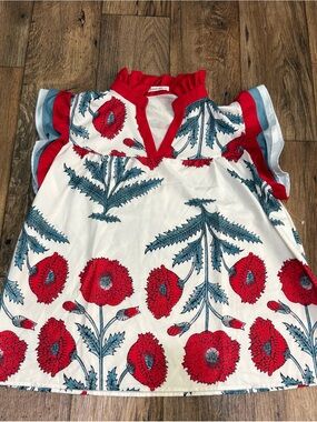 Women’s Floral Ruffle V-Neck Blouse - Red & Blue
